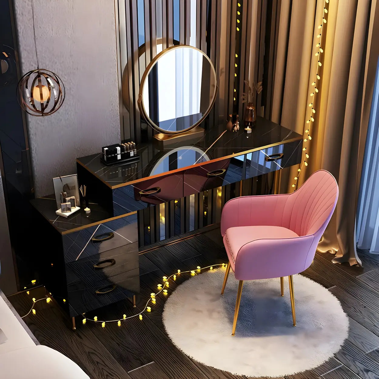 Black Stone-Top Wood Vanity with Drawers Mirror