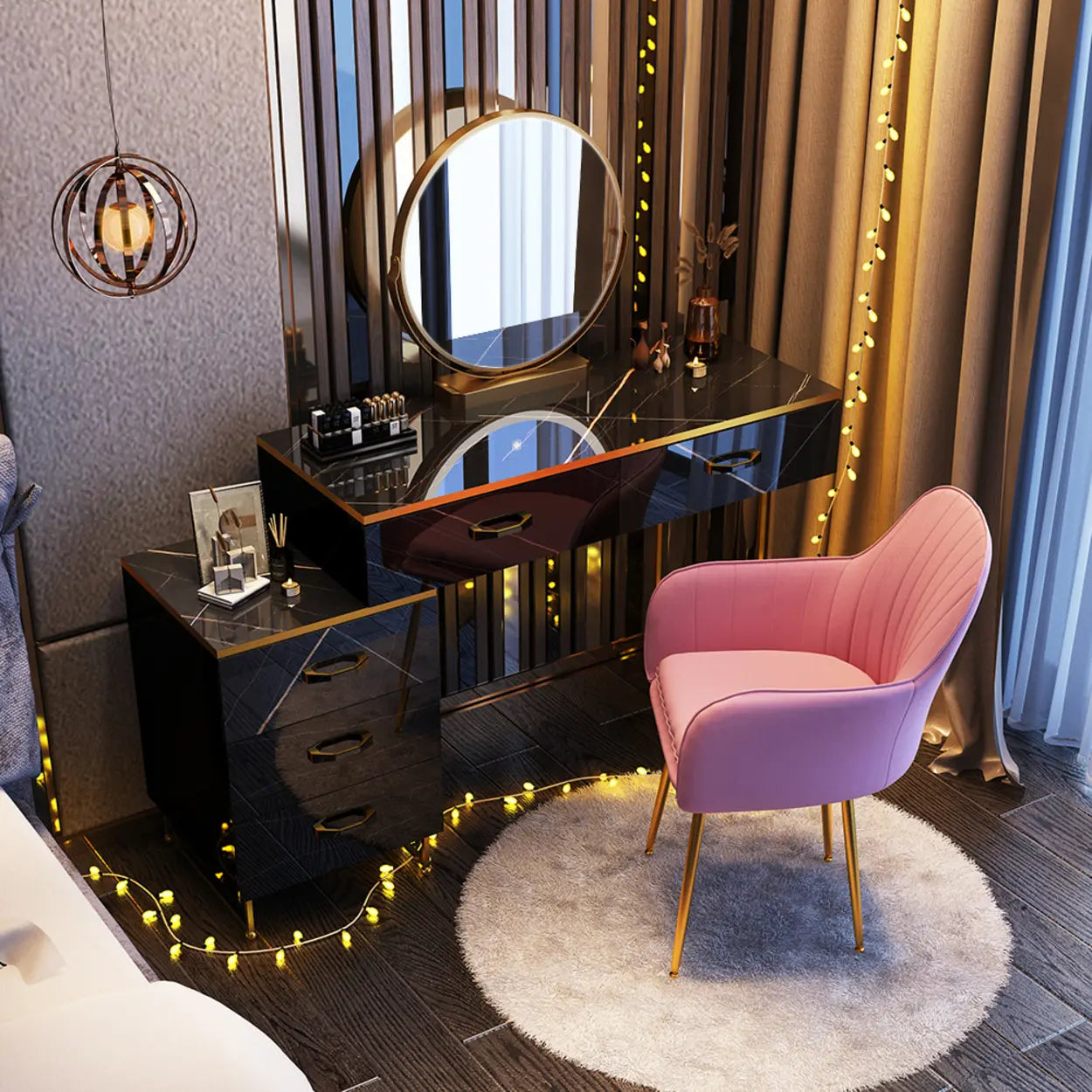 Black Stone-Top Wood Vanity with Drawers Mirror — Makeup Vanity & Mirror & Stools