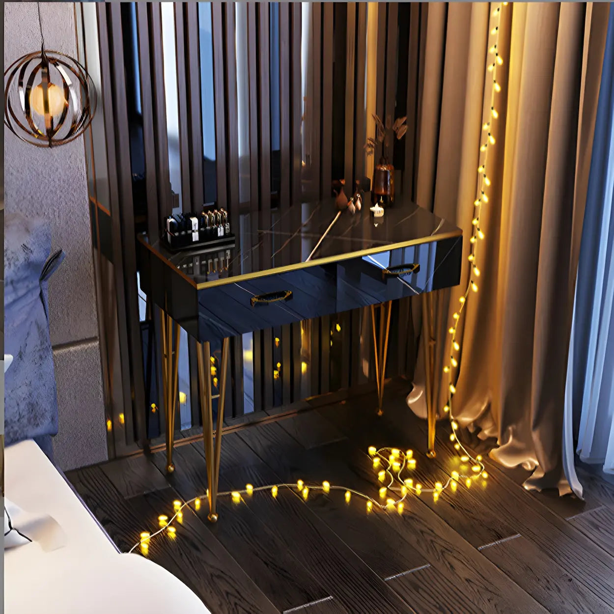 Black Stone-Top Wood Vanity with Drawers Mirror — Makeup Vanity & Mirror & Stools