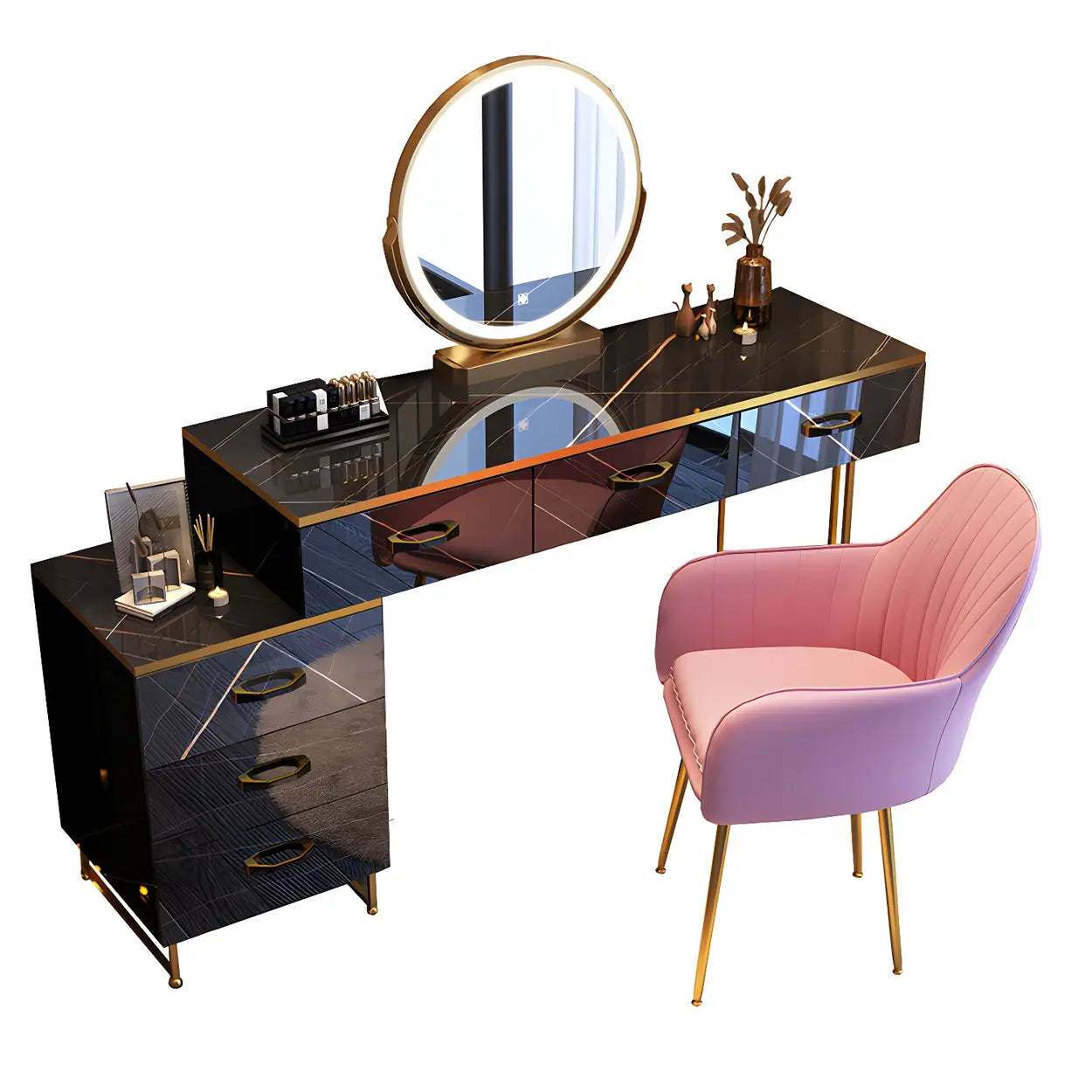 Black Stone-Top Wood Vanity with Drawers Mirror