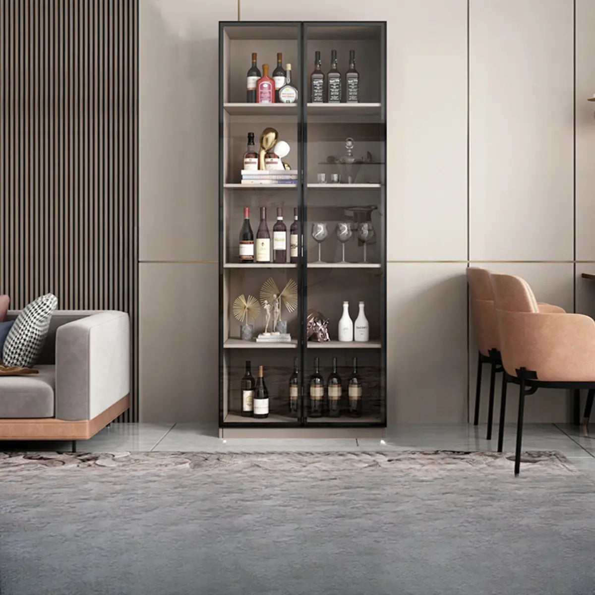 Black Tall Wood Display Wine Cabinet with Lighting