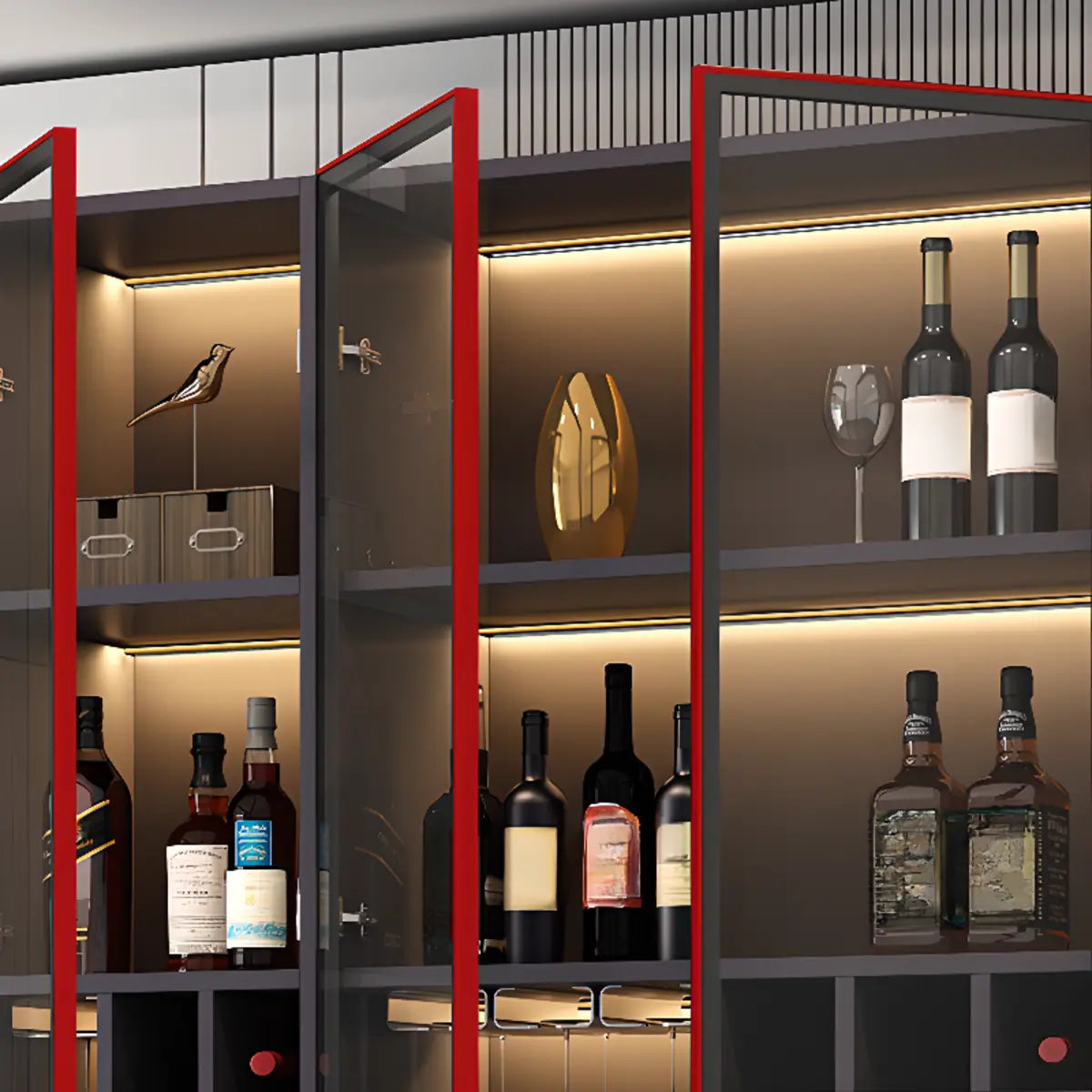 Black Tall Wood Display Wine Cabinet with Lighting