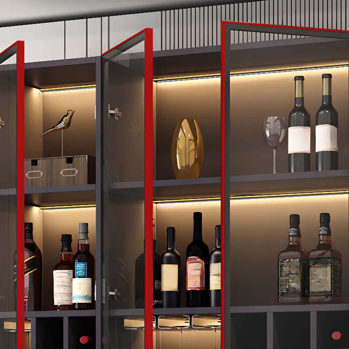 Black Tall Wood Display Wine Cabinet with Lighting