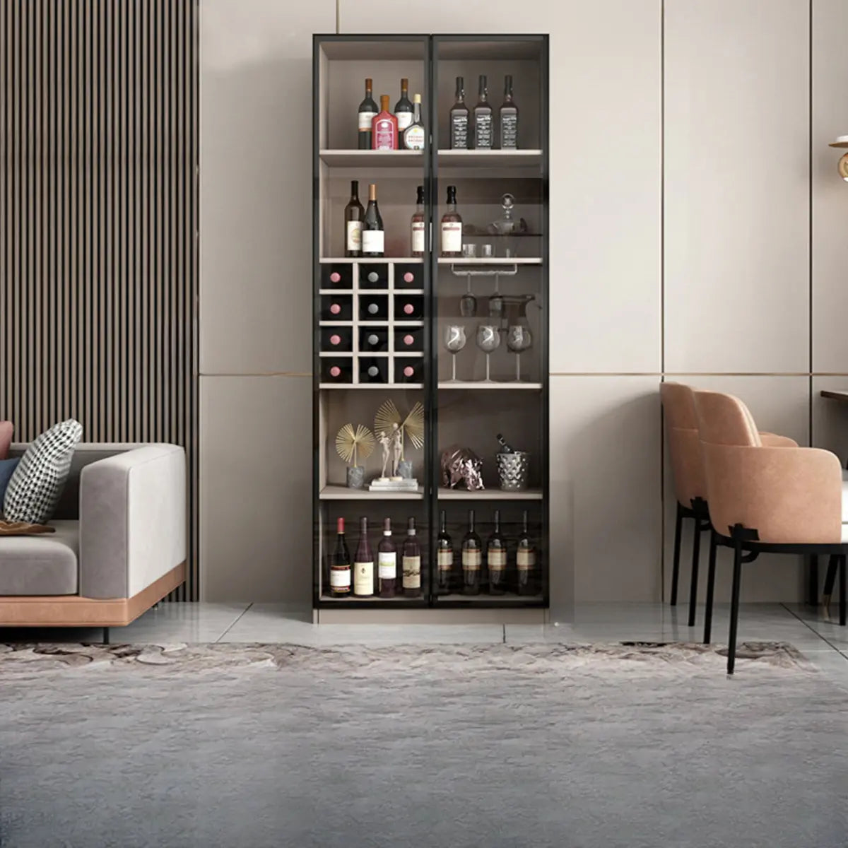 Black Tall Wood Display Wine Cabinet with Lighting