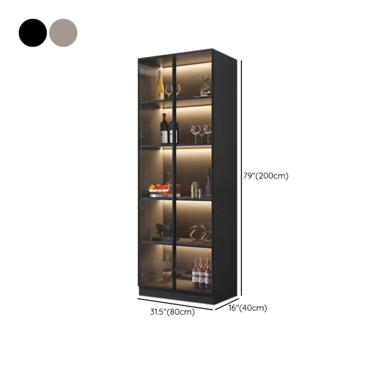Black Tall Wood Display Wine Cabinet with Lighting