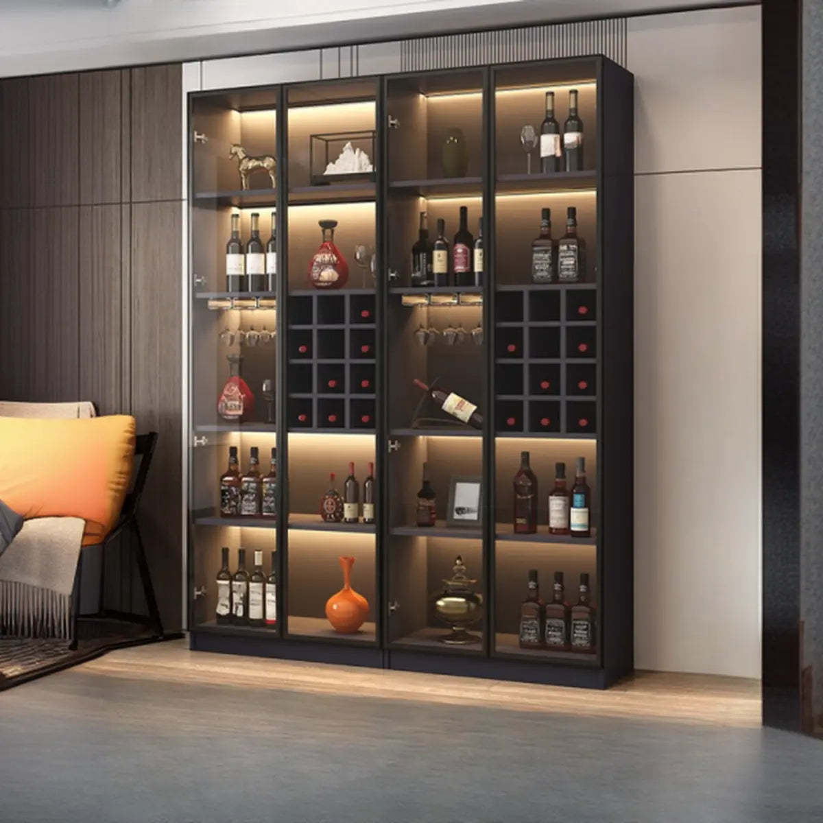 Black Tall Wood Display Wine Cabinet with Lighting — Black / With Wine Storage