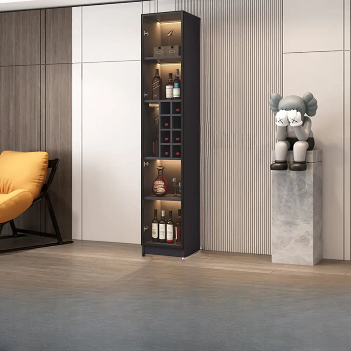Black Tall Wood Display Wine Cabinet with Lighting — Khaki / With Wine Storage