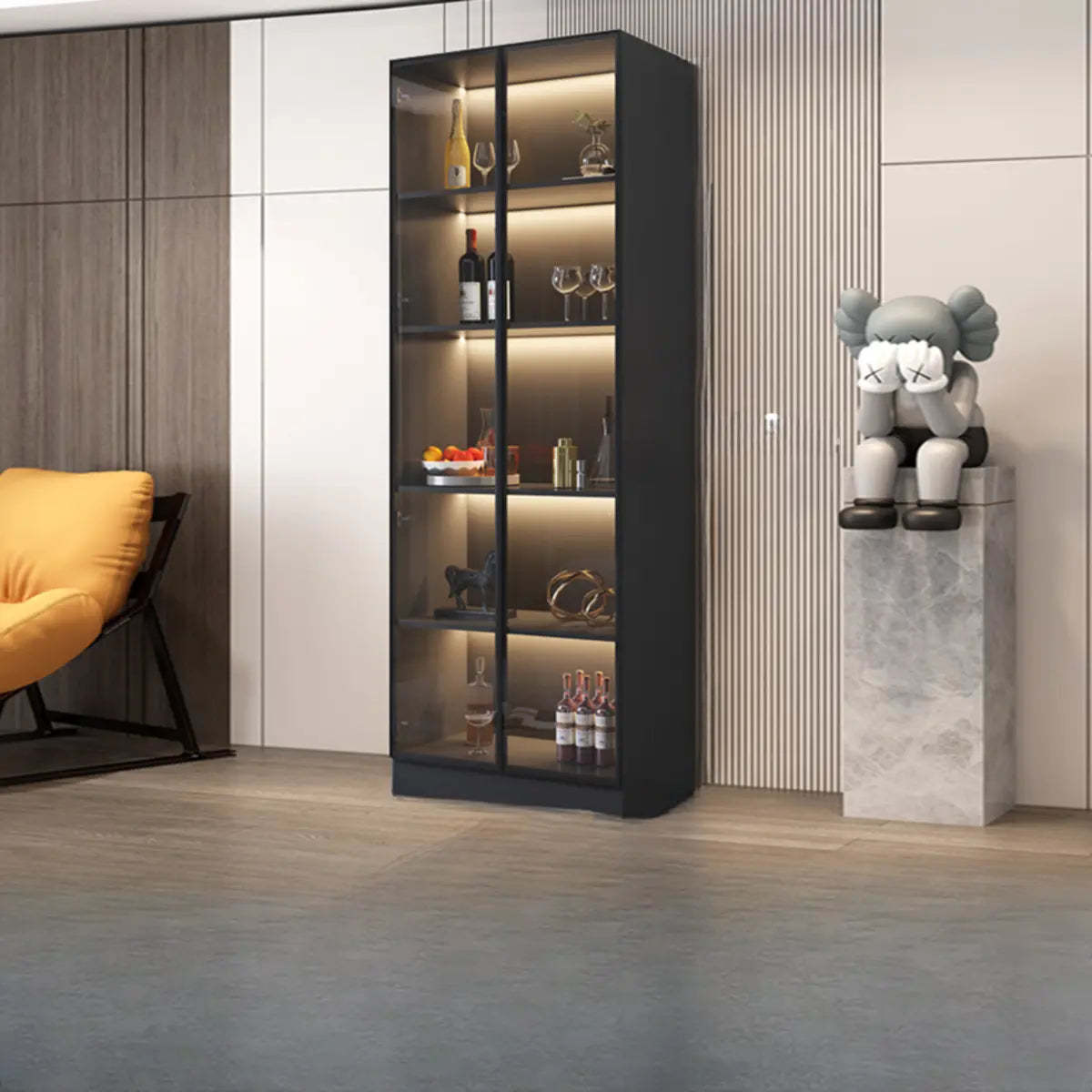 Black Tall Wood Display Wine Cabinet with Lighting — Khaki / Without Wine Storage