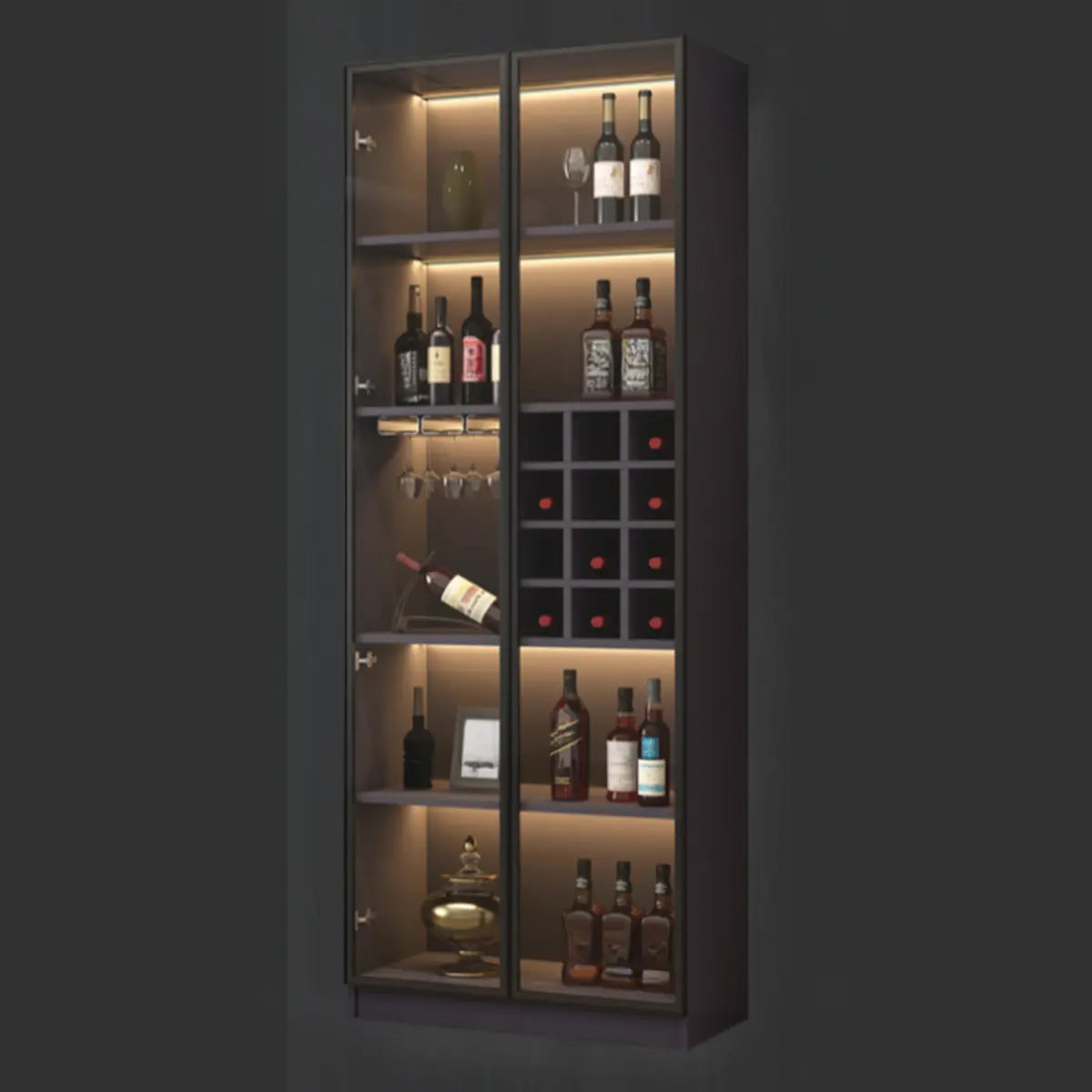 Black Tall Wood Display Wine Cabinet with Lighting — Black / With Wine Storage