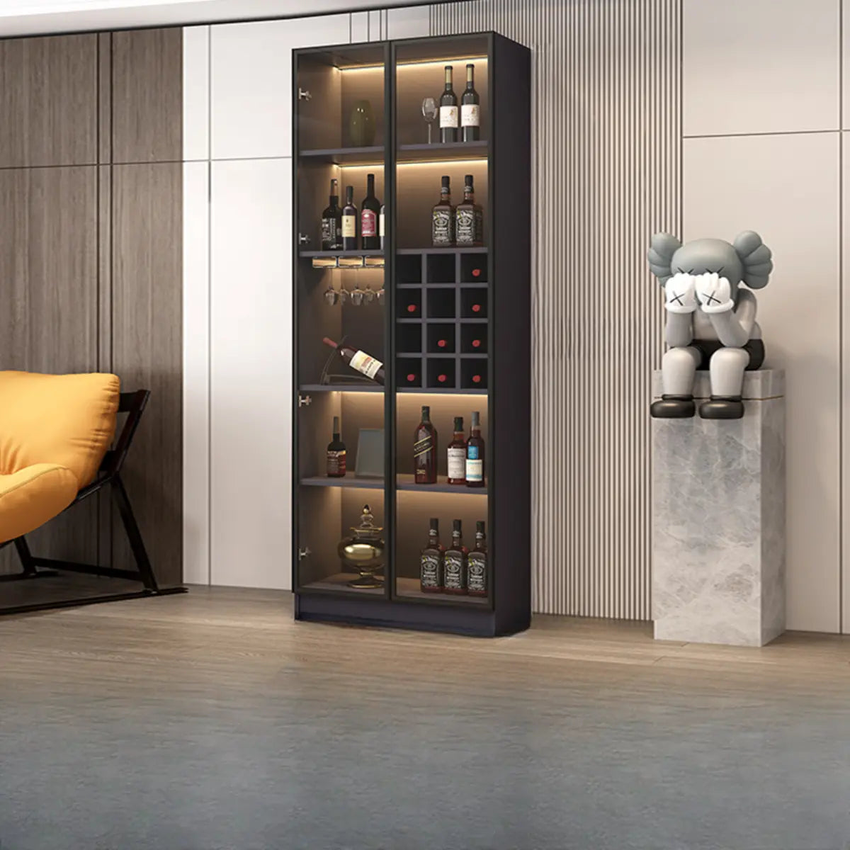 Black Tall Wood Display Wine Cabinet with Lighting — Black / Without Wine Storage