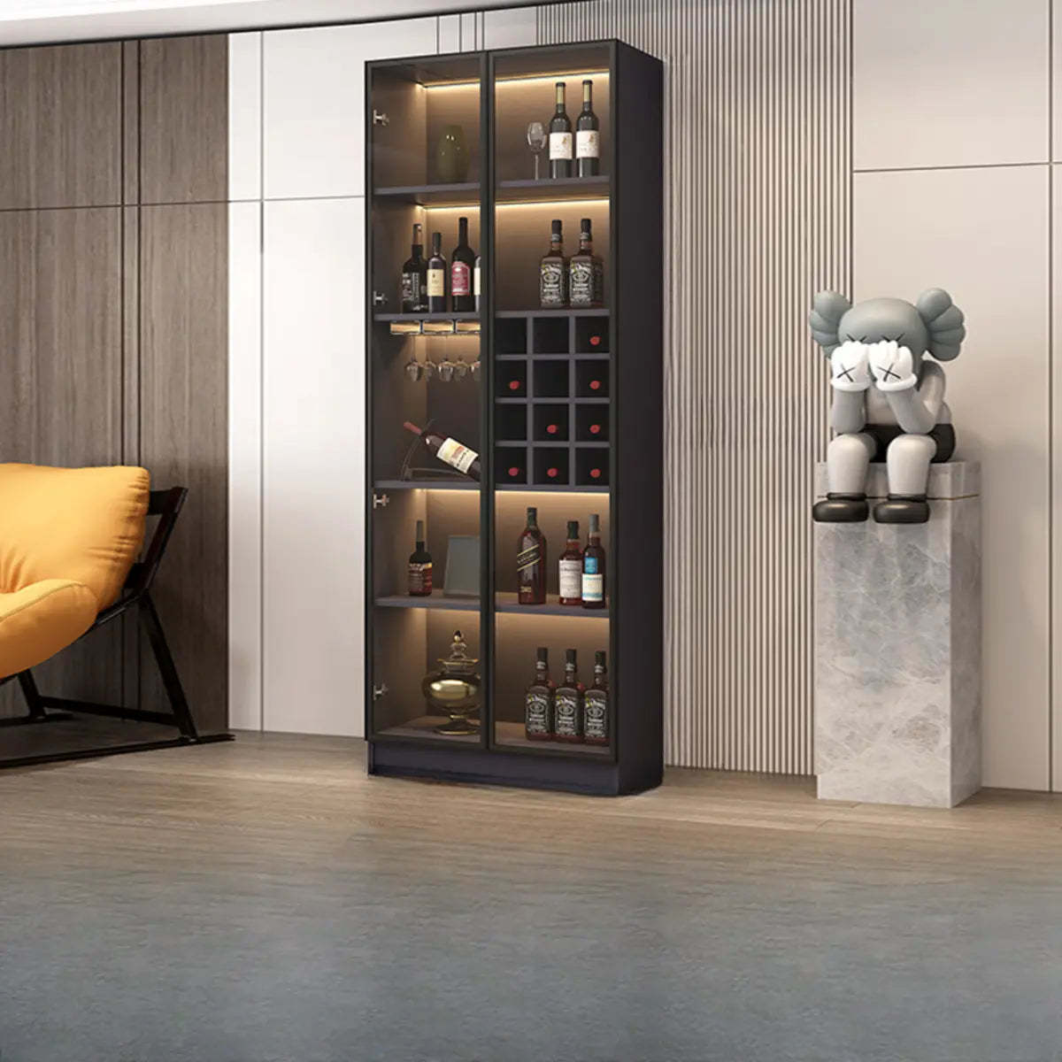 Black Tall Wood Display Wine Cabinet with Lighting — Black / Without Wine Storage