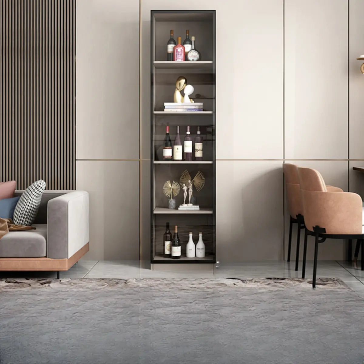 Black Tall Wood Display Wine Cabinet with Lighting — Khaki / Without Wine Storage