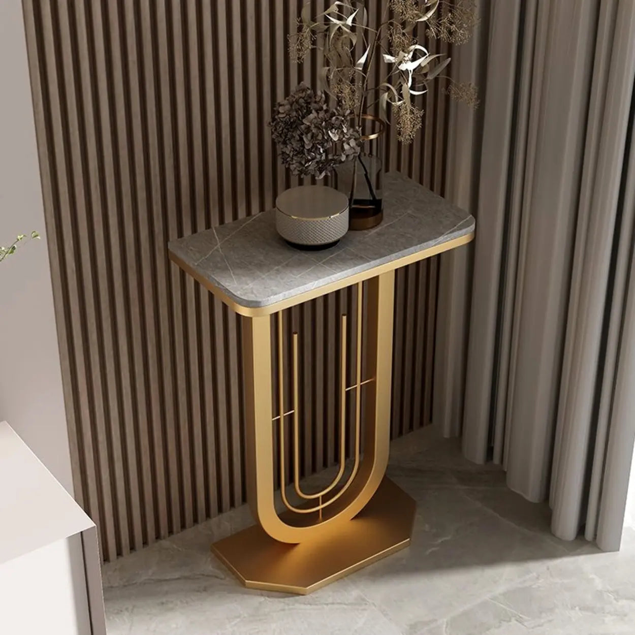 Black U-Shaped Sintered Stone Entry Console — Gold / White/ Gray