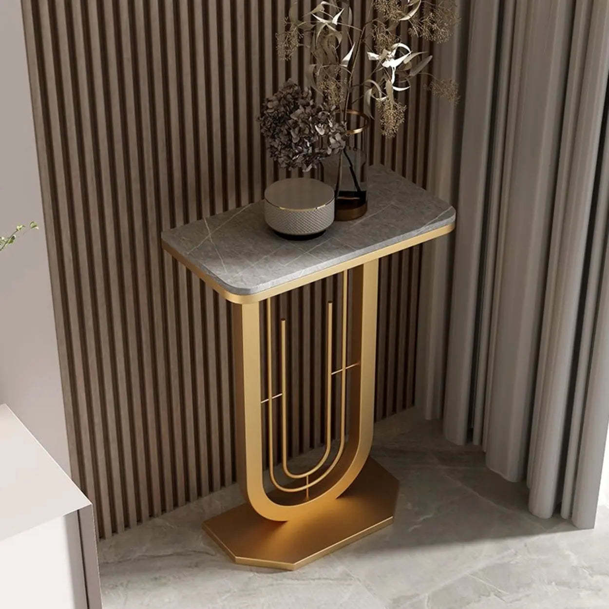 Black U-Shaped Sintered Stone Entry Console — Gold / White/ Gray