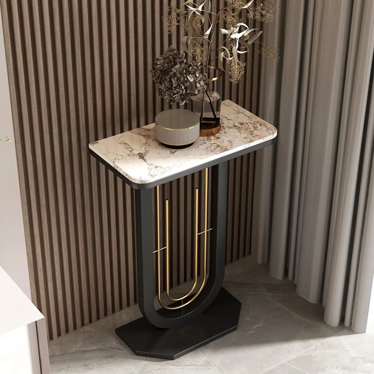 Black U-Shaped Sintered Stone Entry Console — Black / Gray