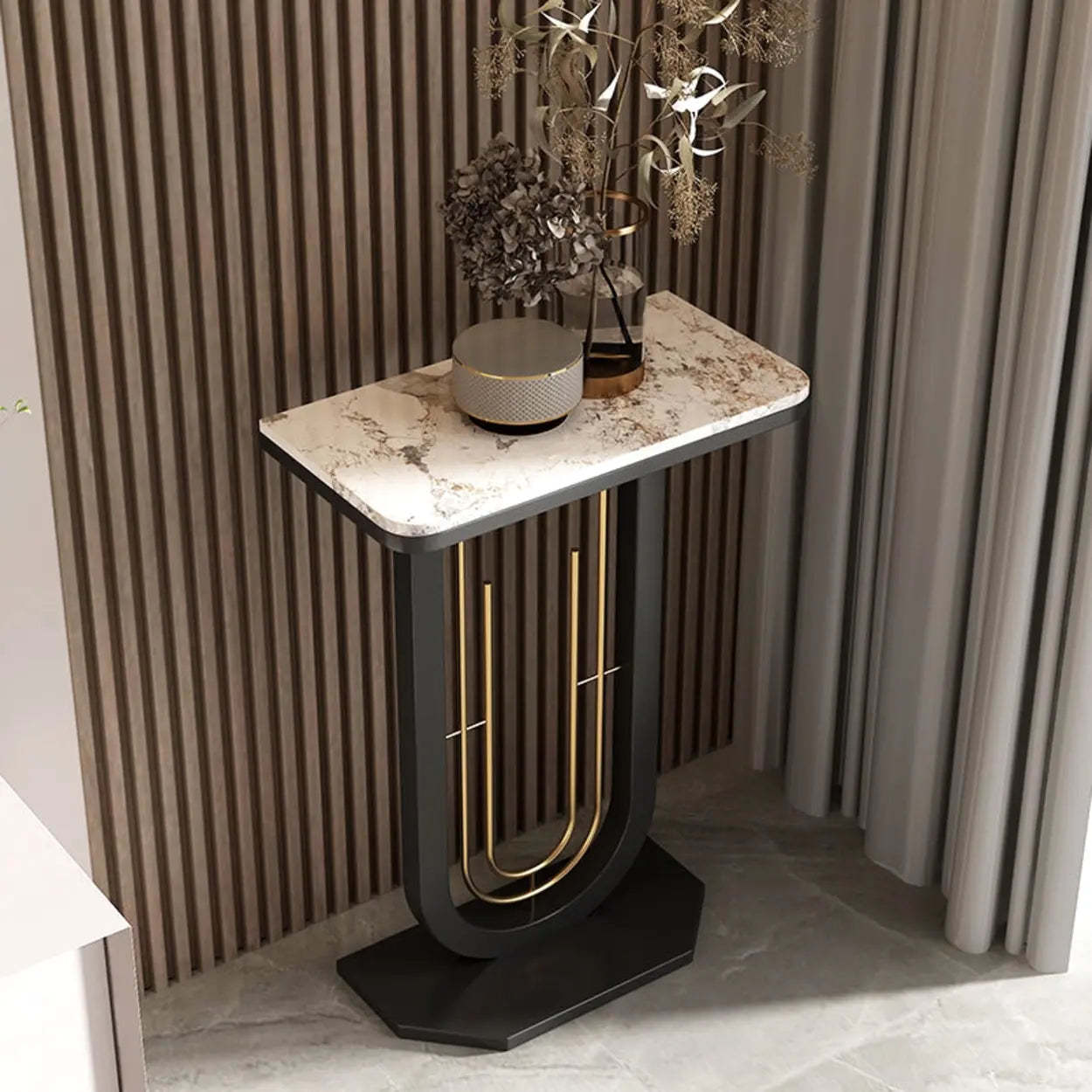 Black U-Shaped Sintered Stone Entry Console — Black / Gray