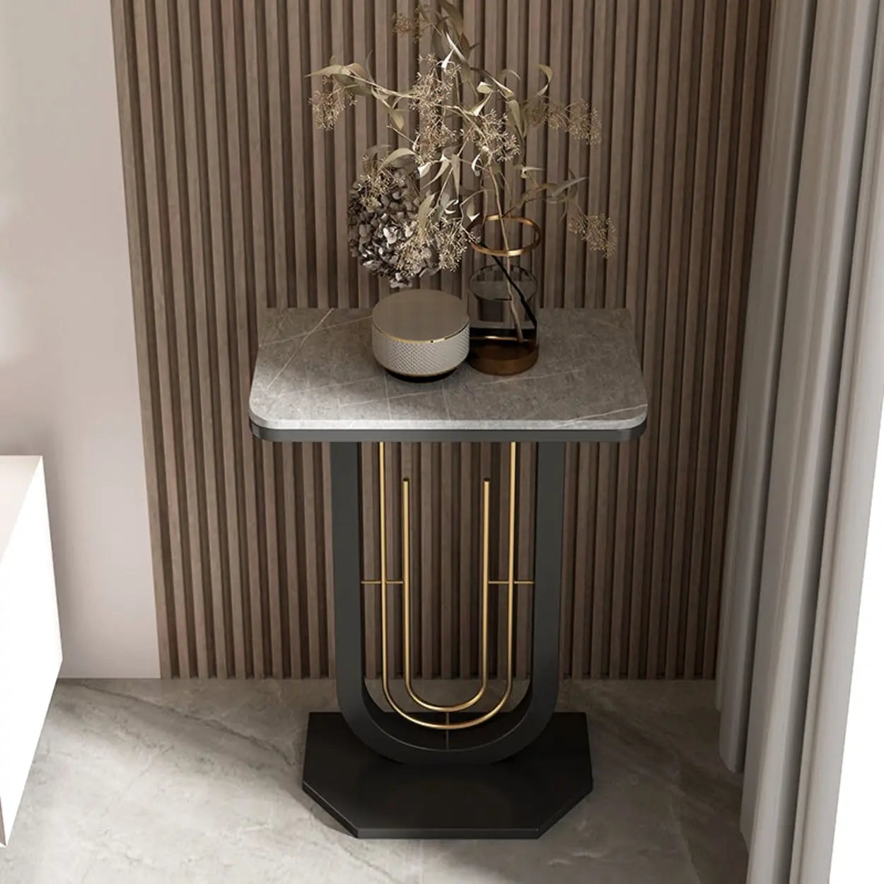 Black U-Shaped Sintered Stone Entry Console — Black / White