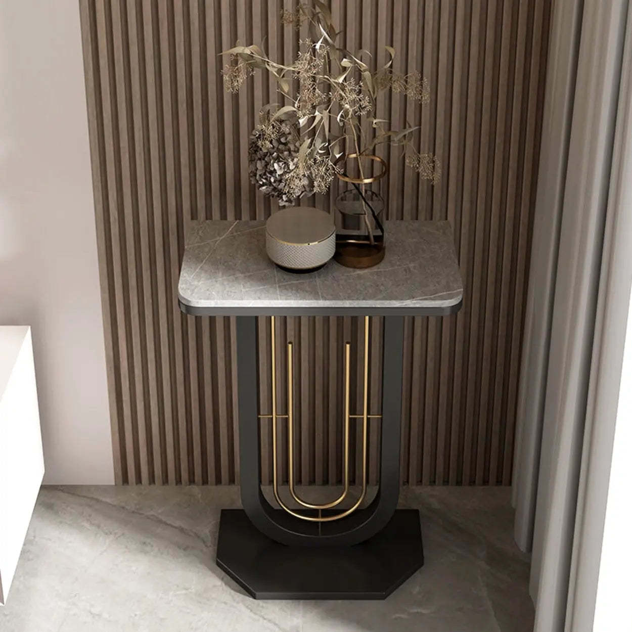 Black U-Shaped Sintered Stone Entry Console — Black / White