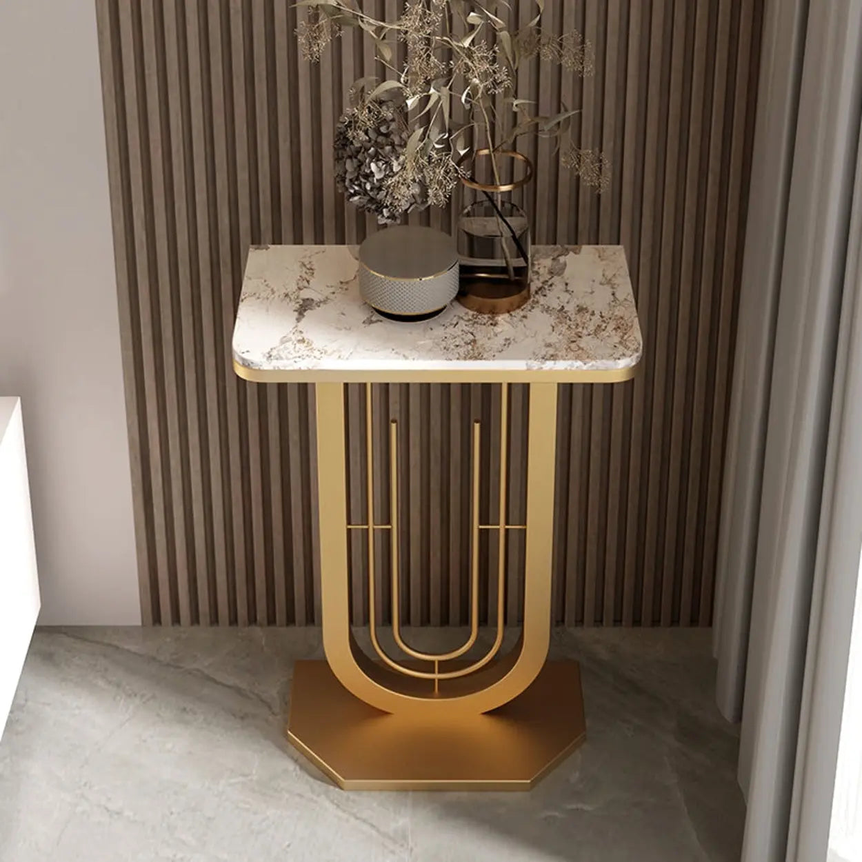 Black U-Shaped Sintered Stone Entry Console — Gold / Gray