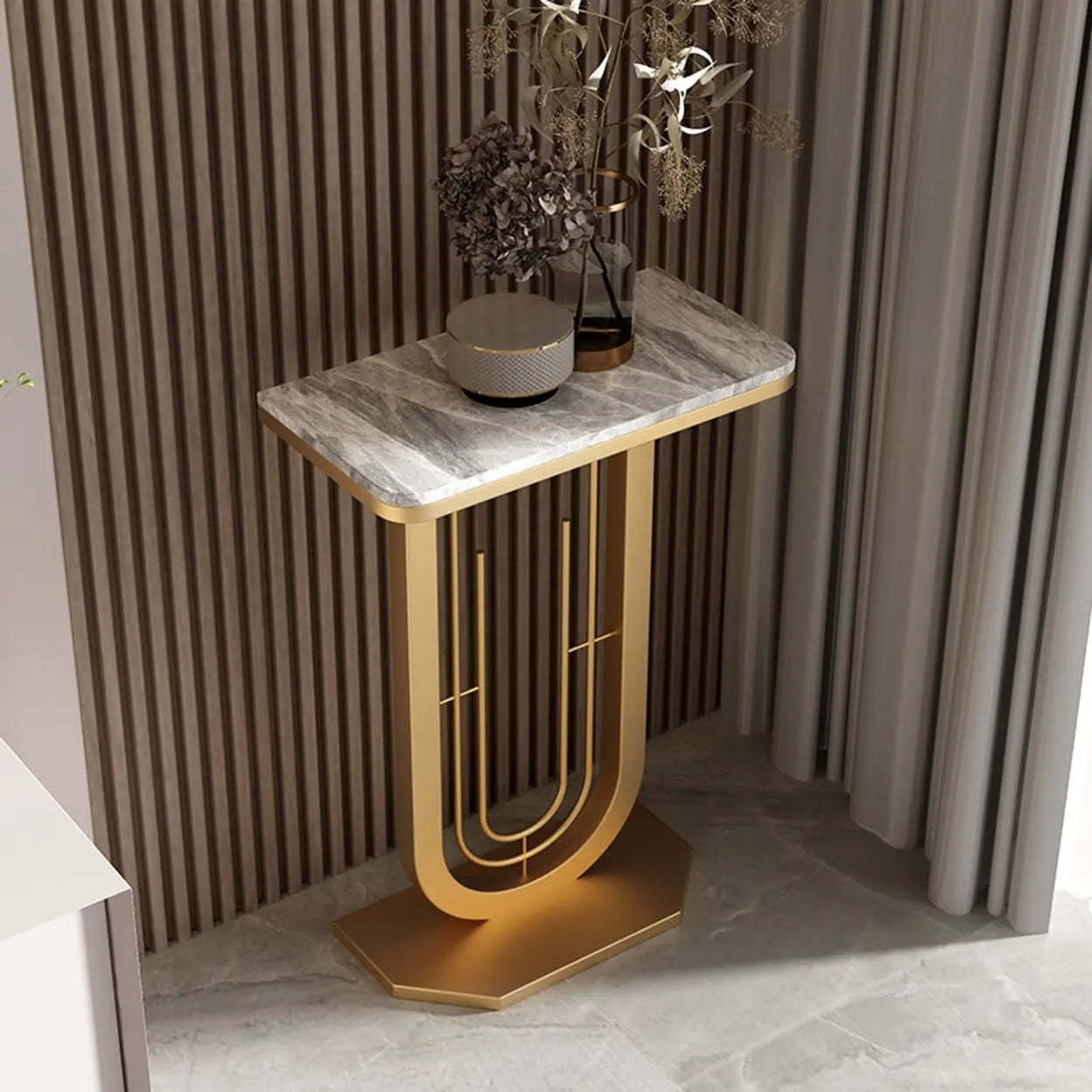Black U-Shaped Sintered Stone Entry Console — Gold / Matte Gray