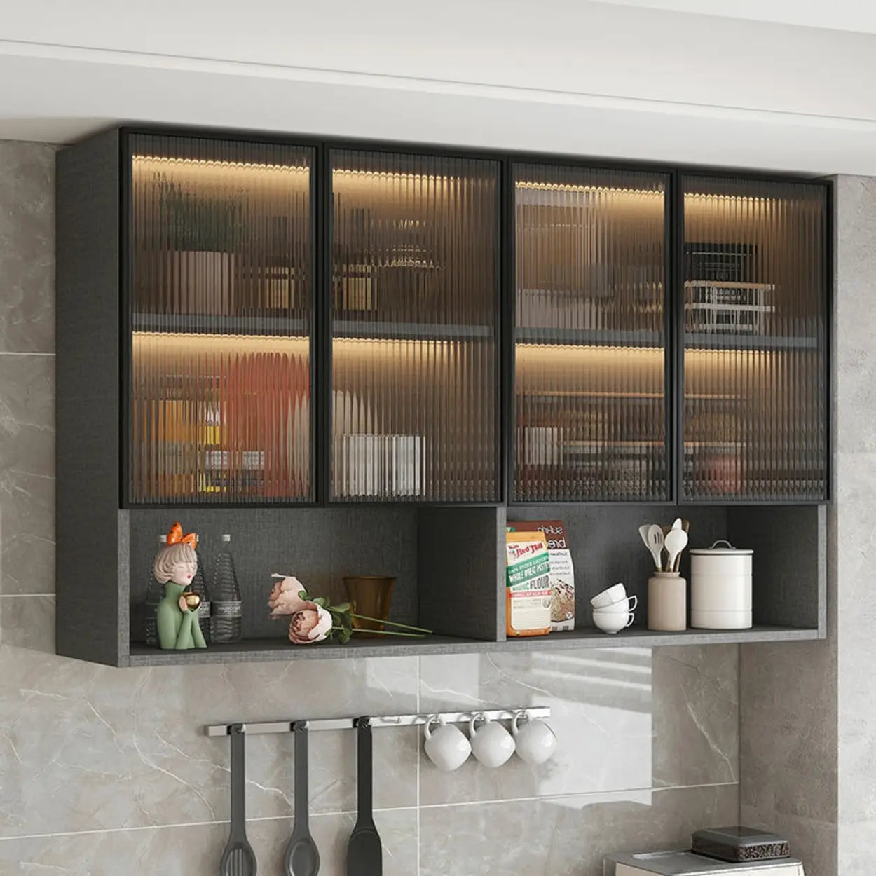 Black Wall-Mounted Ribbed Glass Kitchen Cabinet
