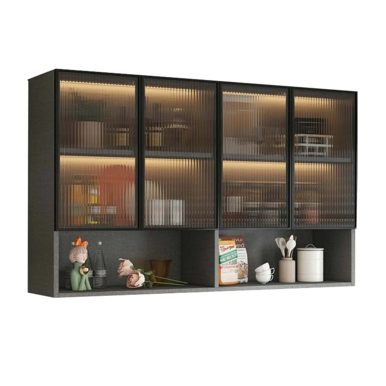 Black Wall-Mounted Ribbed Glass Kitchen Cabinet — White-Black