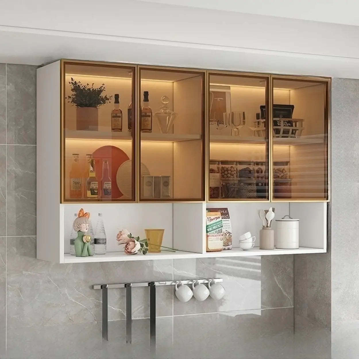 Black Wall-Mounted Ribbed Glass Kitchen Cabinet — Grey
