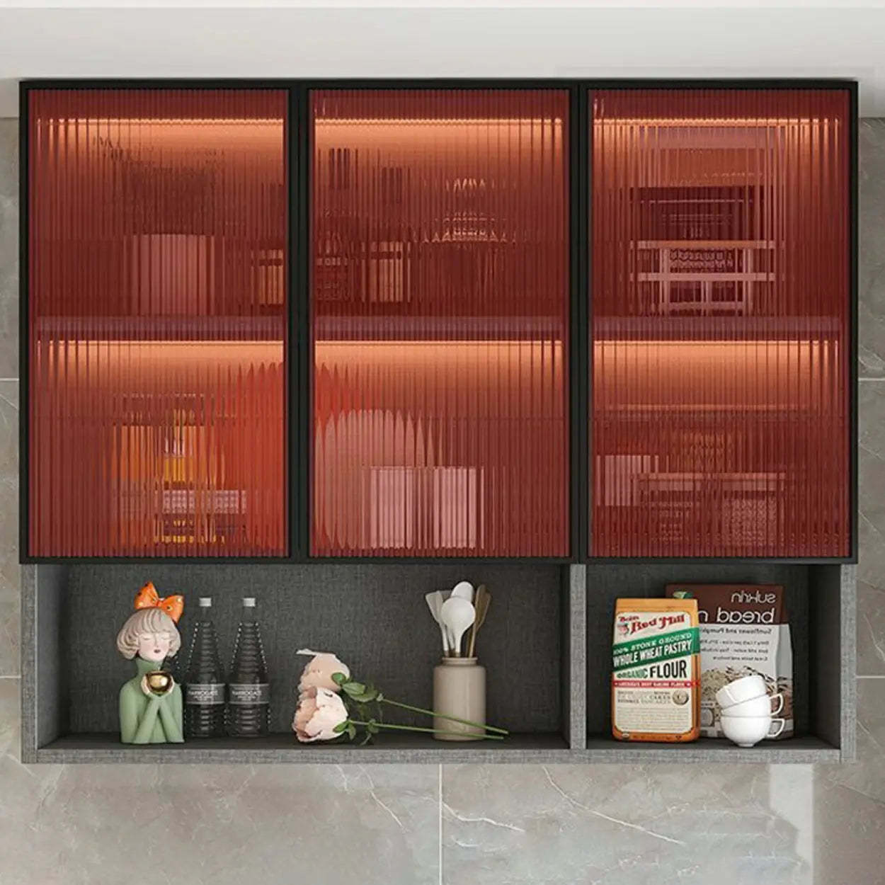 Black Wall-Mounted Ribbed Glass Kitchen Cabinet — White-Black