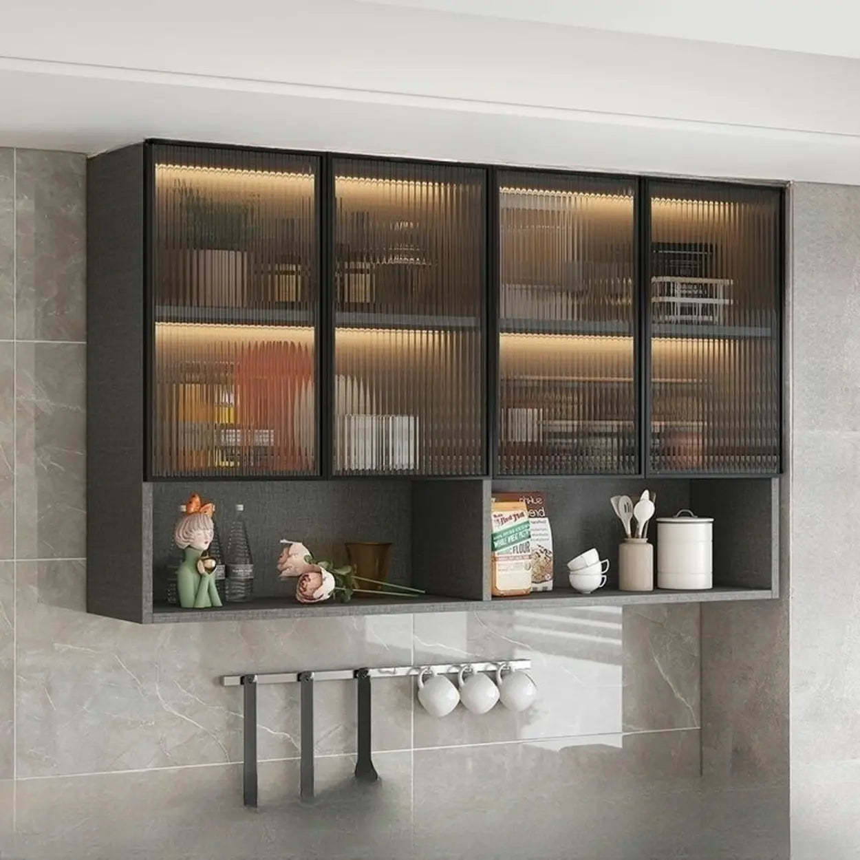 Black Wall-Mounted Ribbed Glass Kitchen Cabinet — White-Gold