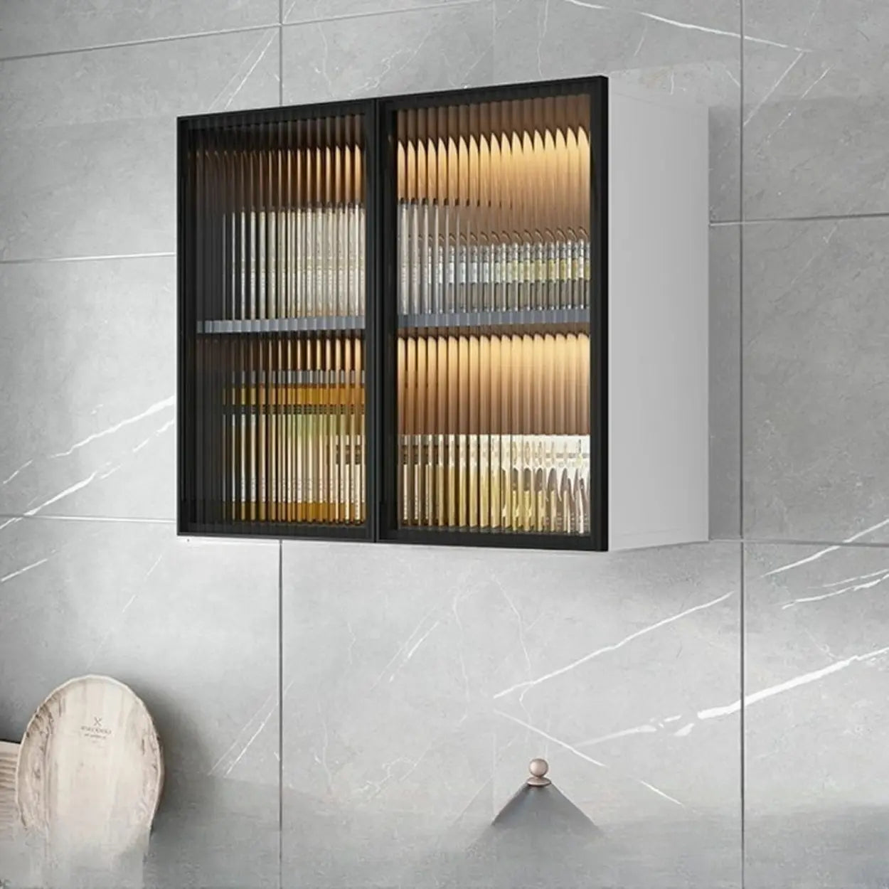 Black Wall-Mounted Ribbed Glass Kitchen Cabinet — Grey