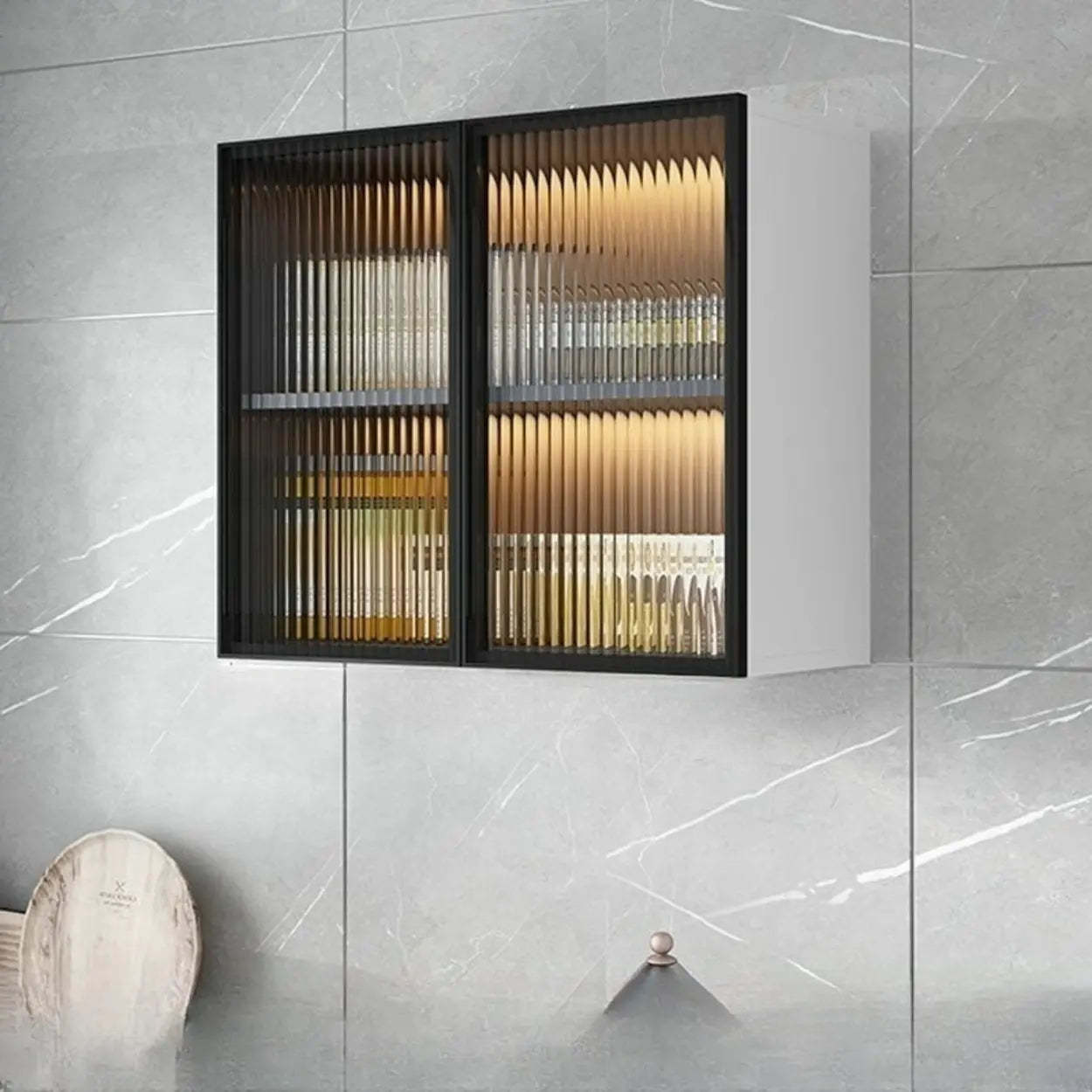 Black Wall-Mounted Ribbed Glass Kitchen Cabinet — Grey