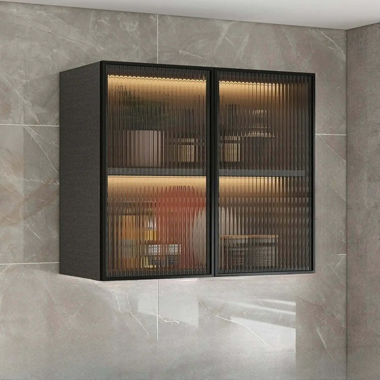 Black Wall-Mounted Ribbed Glass Kitchen Cabinet — White-Black