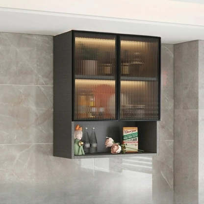 Black Wall-Mounted Ribbed Glass Kitchen Cabinet — White-Gold