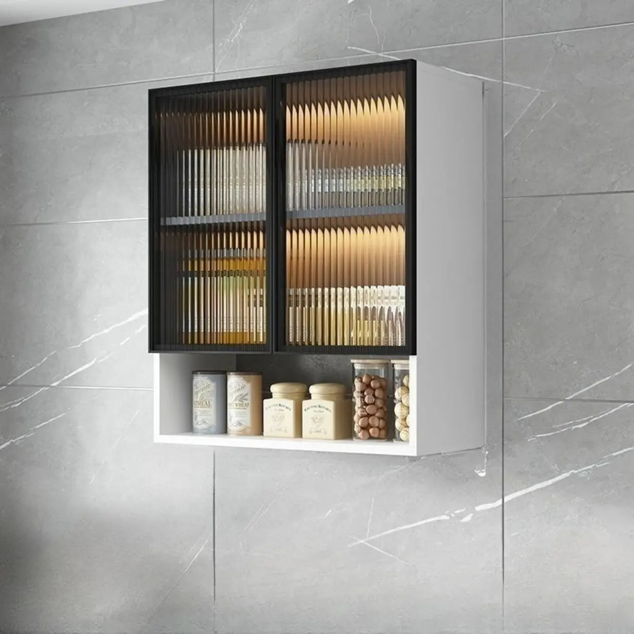 Black Wall-Mounted Ribbed Glass Kitchen Cabinet — Grey