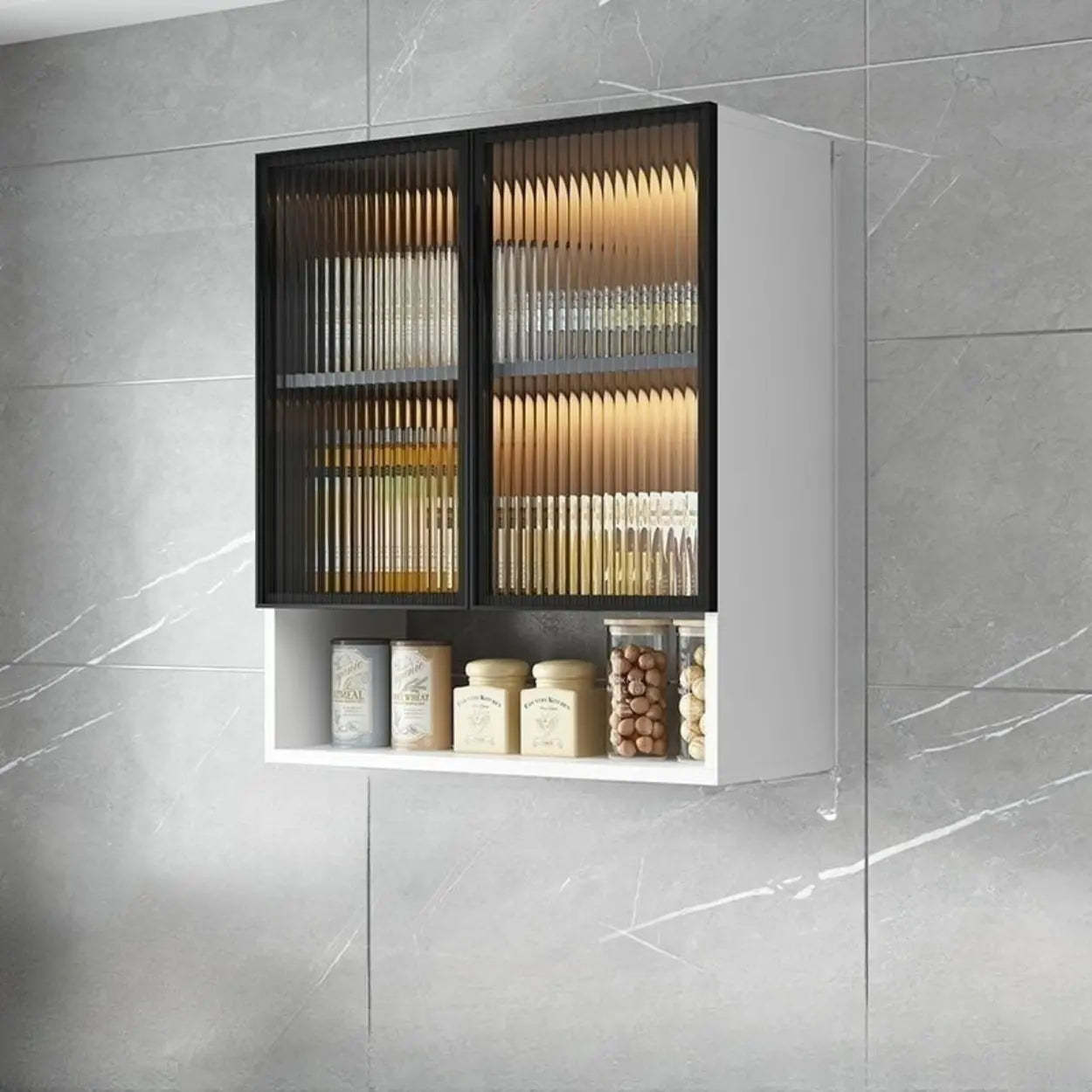 Black Wall-Mounted Ribbed Glass Kitchen Cabinet — Grey