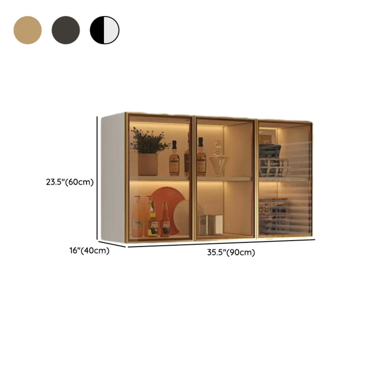 Black Wall-Mounted Ribbed Glass Kitchen Cabinet — White-Gold