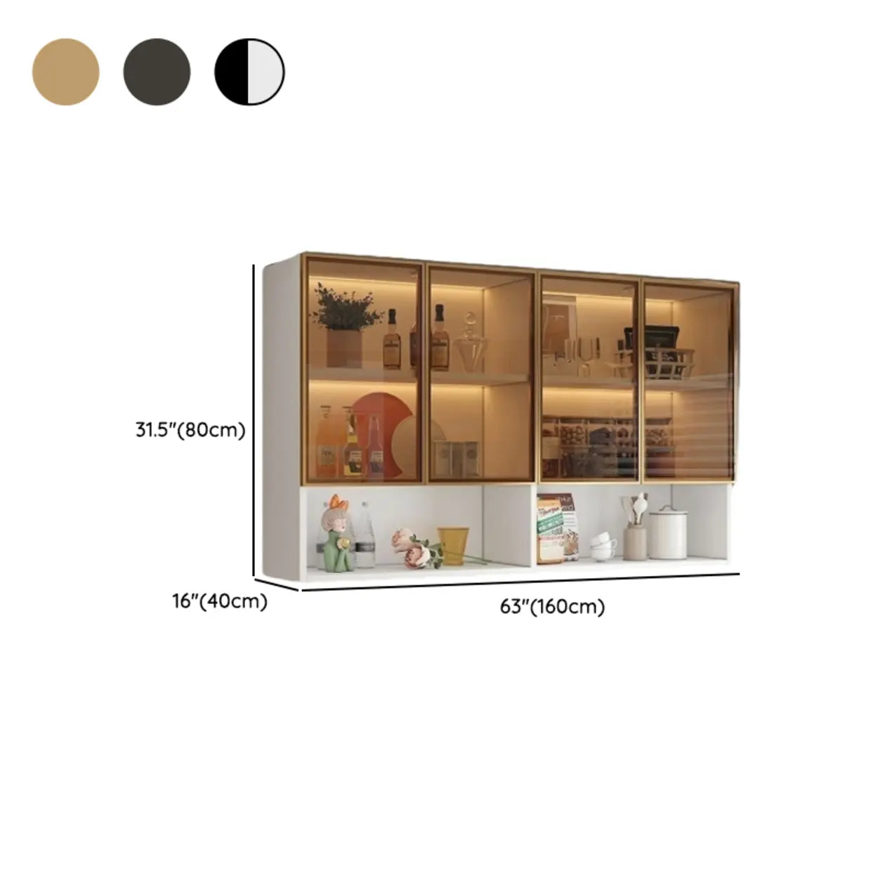 Black Wall-Mounted Ribbed Glass Kitchen Cabinet — White-Gold