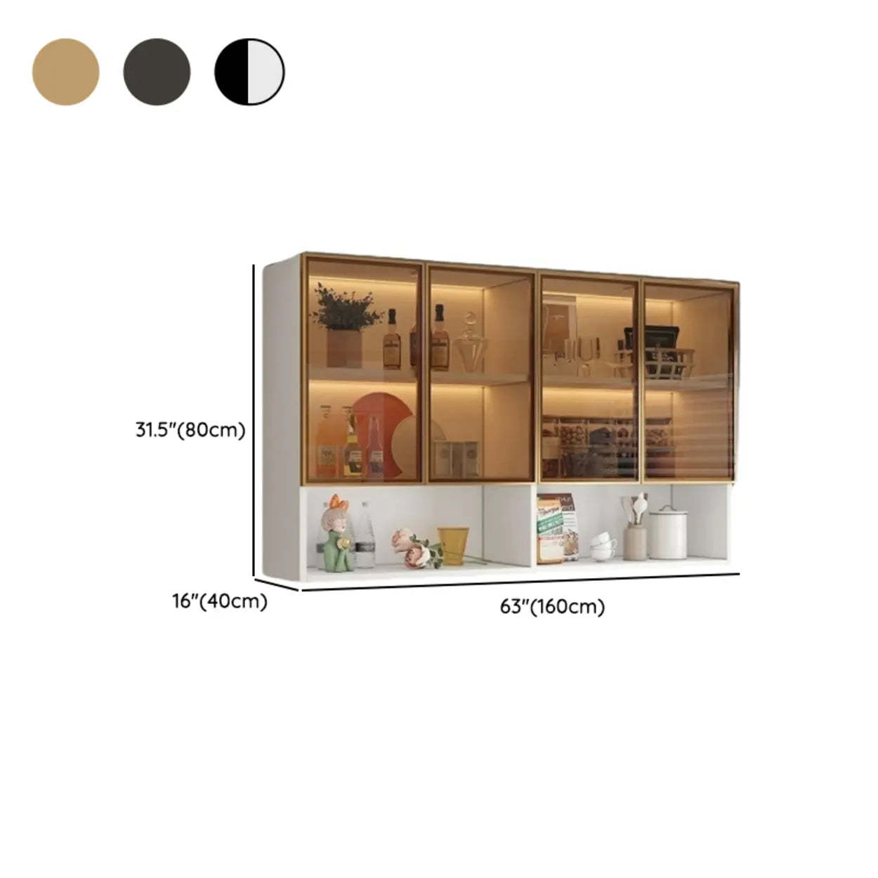 Black Wall-Mounted Ribbed Glass Kitchen Cabinet — White-Gold