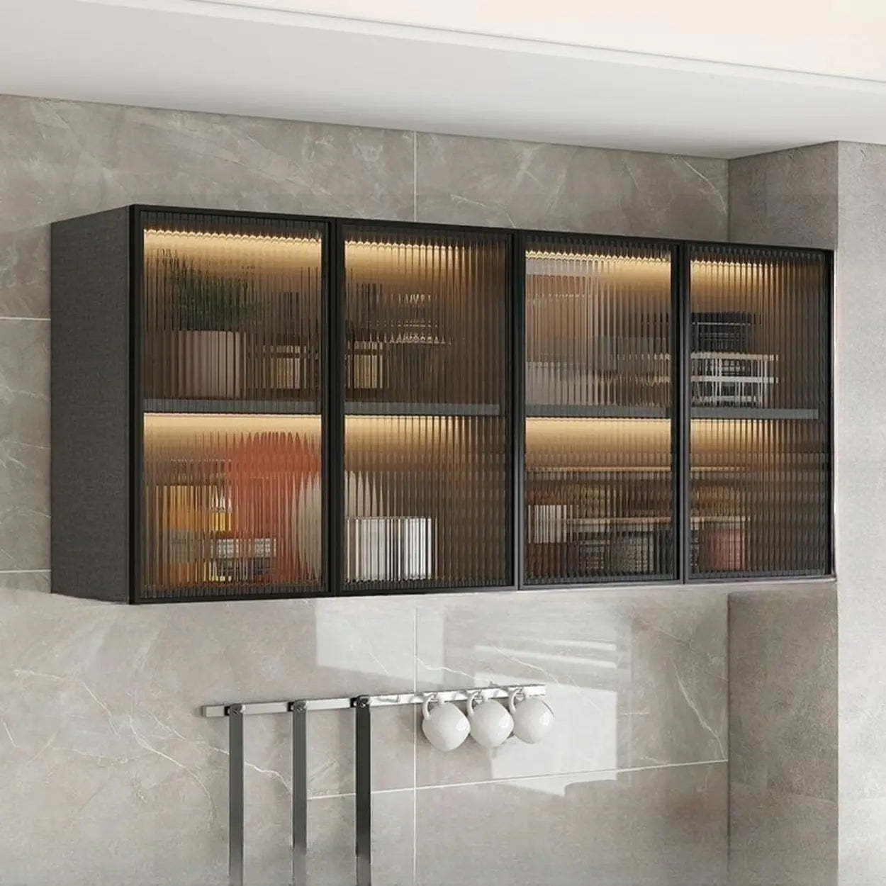 Black Wall-Mounted Ribbed Glass Kitchen Cabinet — Grey
