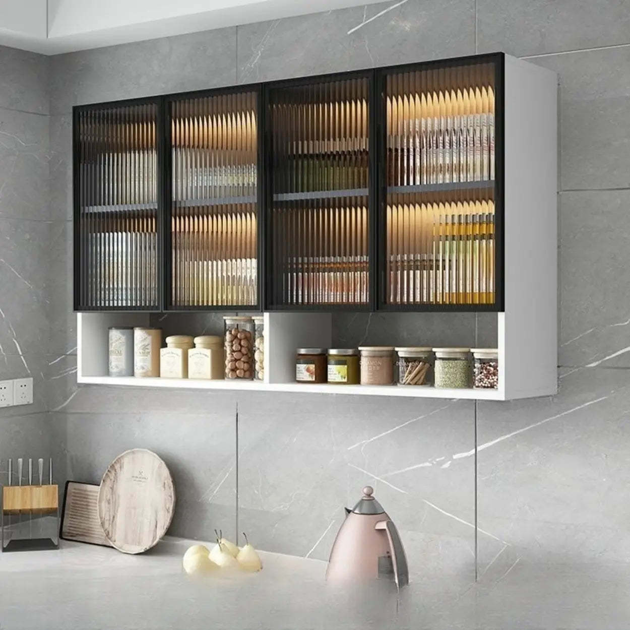 Black Wall-Mounted Ribbed Glass Kitchen Cabinet — White-Black