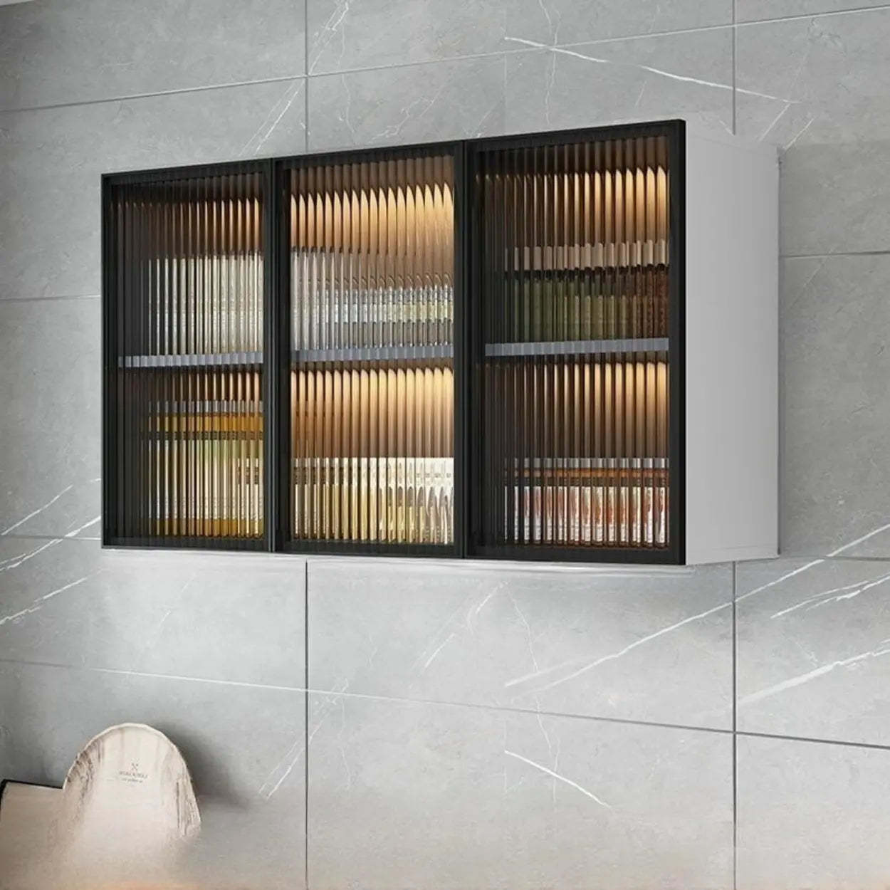 Black Wall-Mounted Ribbed Glass Kitchen Cabinet — Grey