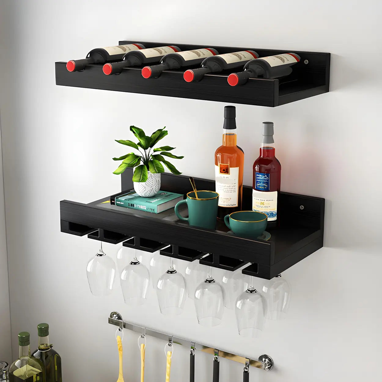Wall-Mounted Wood Wine and Glass Rack