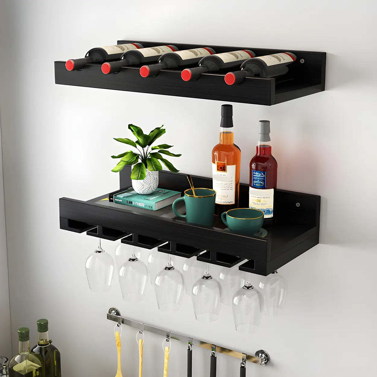 Wall-Mounted Wood Wine and Glass Rack