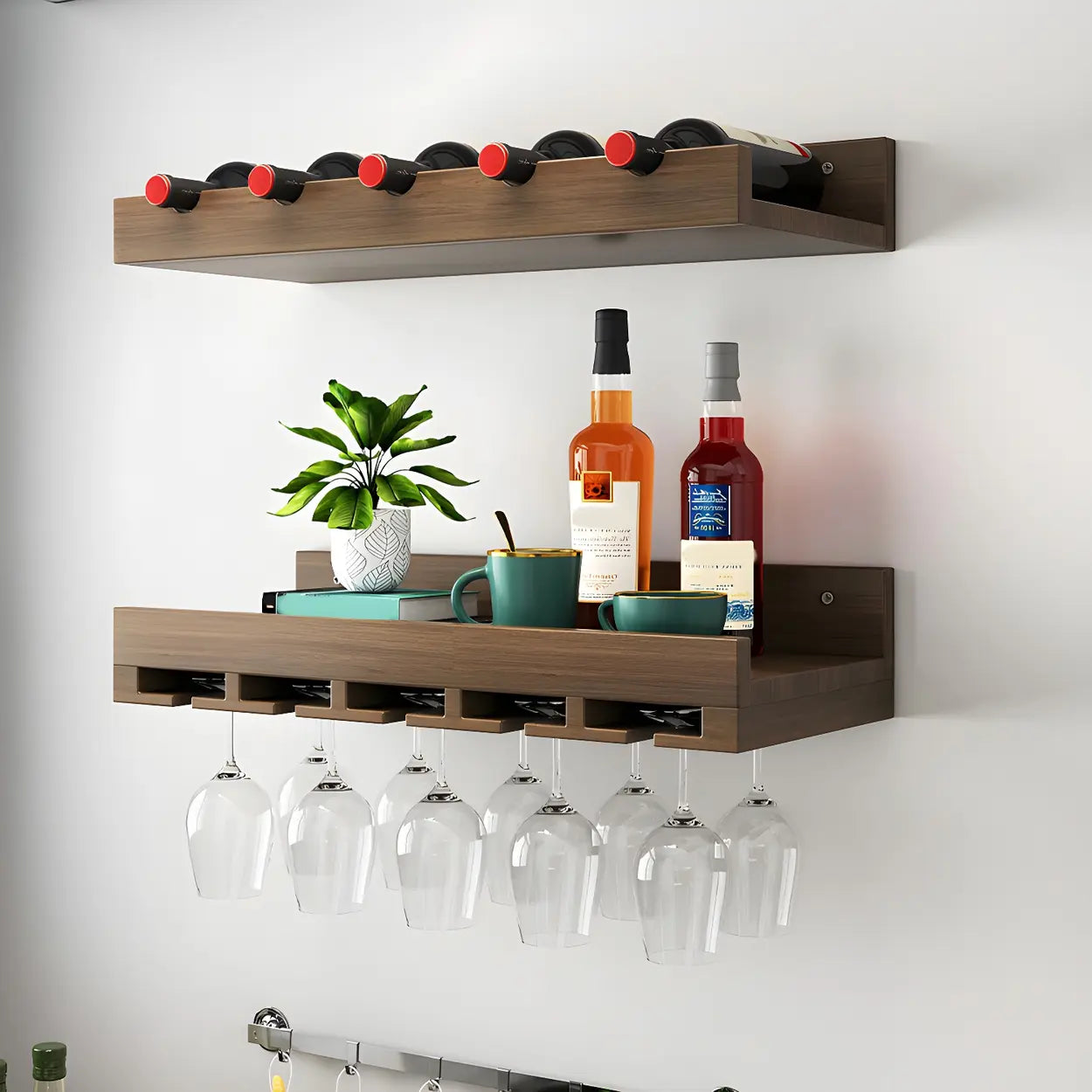 Wall-Mounted Wood Wine and Glass Rack