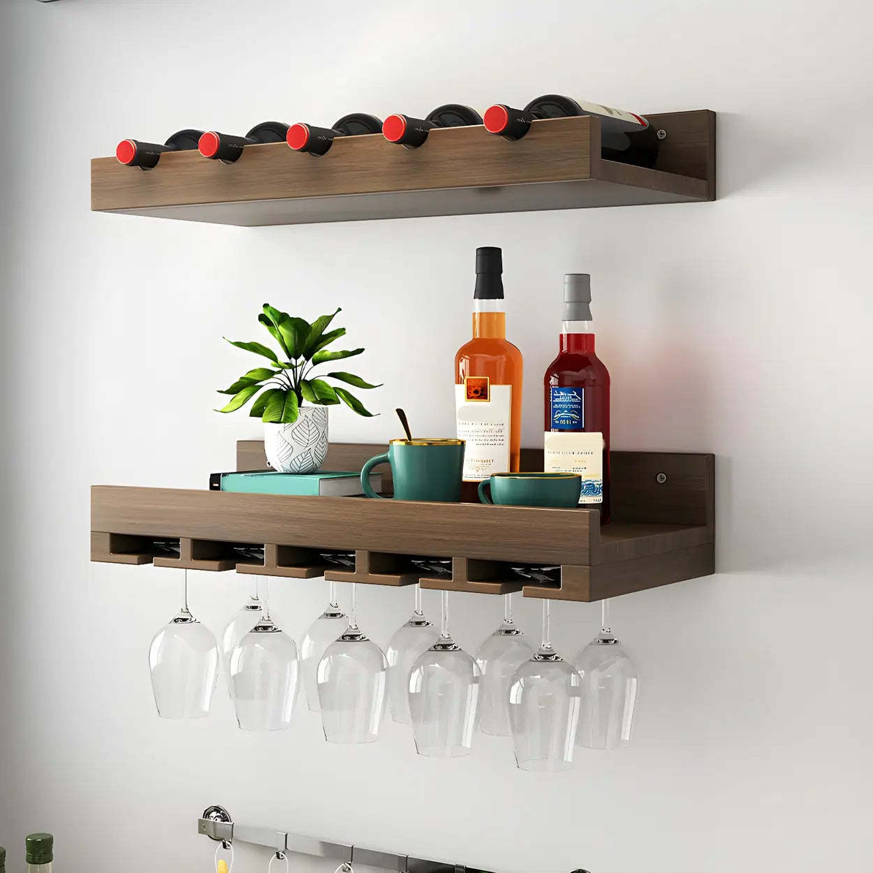 Wall-Mounted Wood Wine and Glass Rack