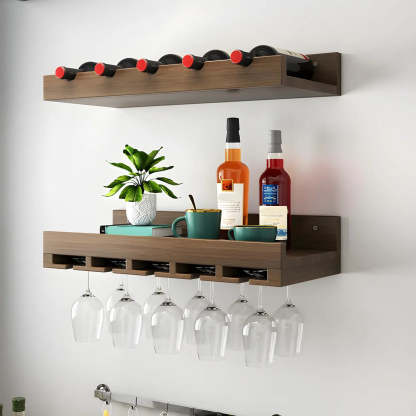 Wall-Mounted Wood Wine and Glass Rack