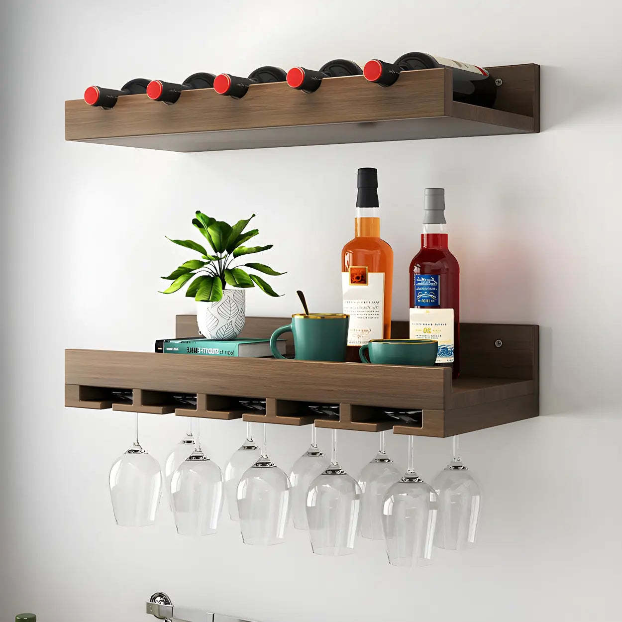 Wall-Mounted Wood Wine and Glass Rack
