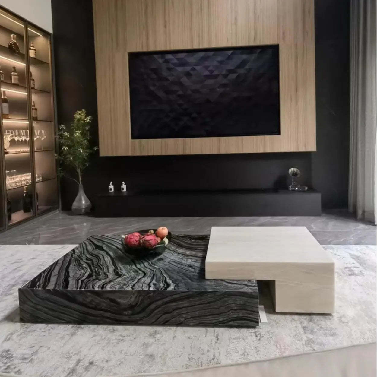 Black-White Marble Rectangular Block Base Coffee Table — Black-White