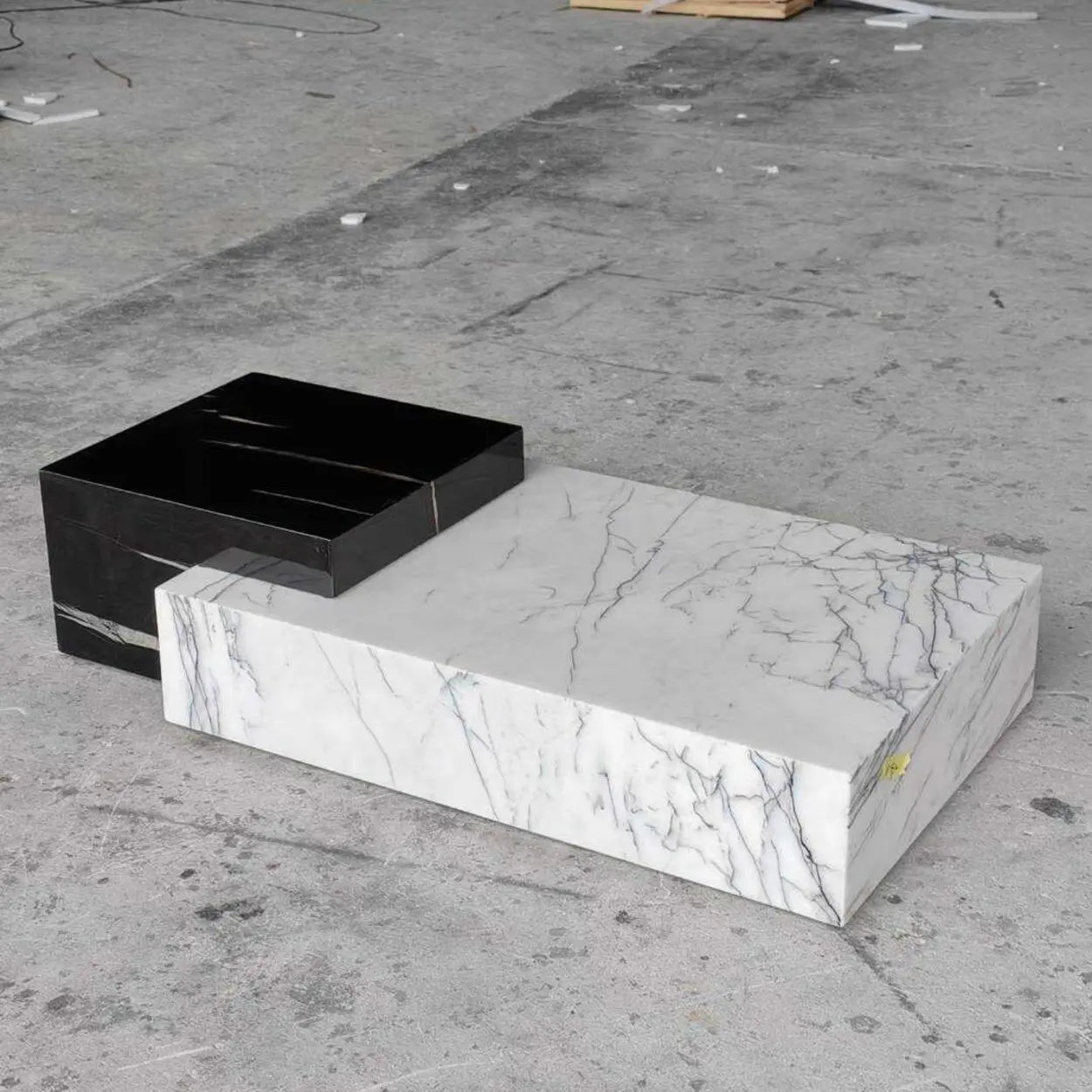 Black-White Marble Rectangular Block Base Coffee Table — Black Stripe/ White