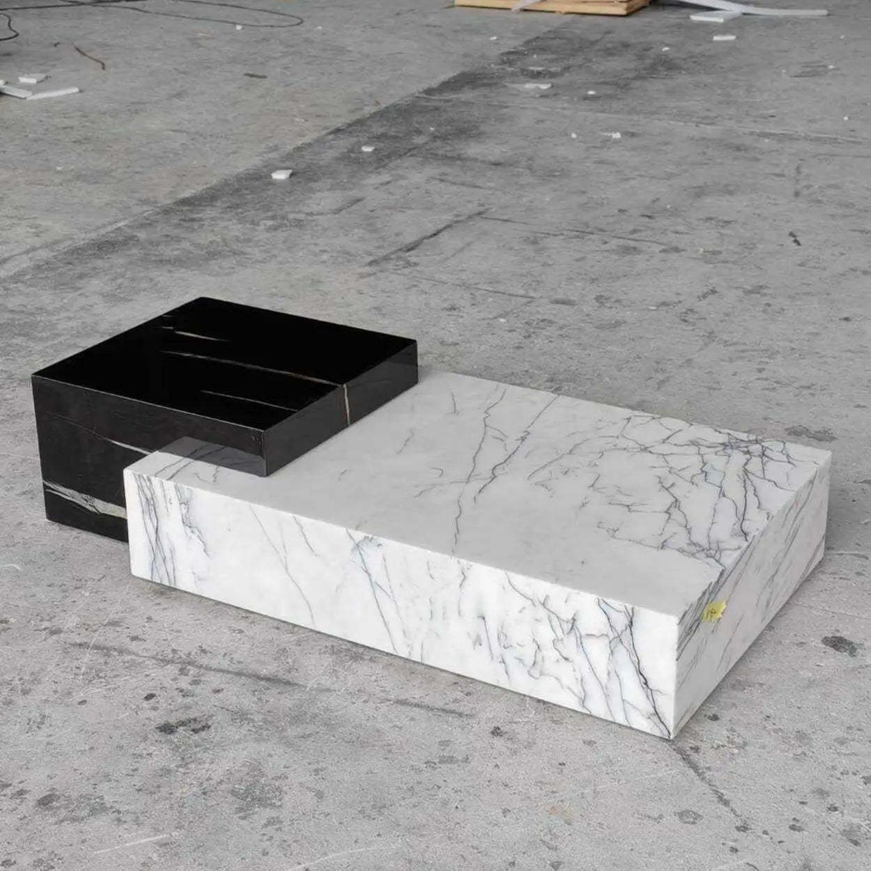Black-White Marble Rectangular Block Base Coffee Table — Black Stripe/ White